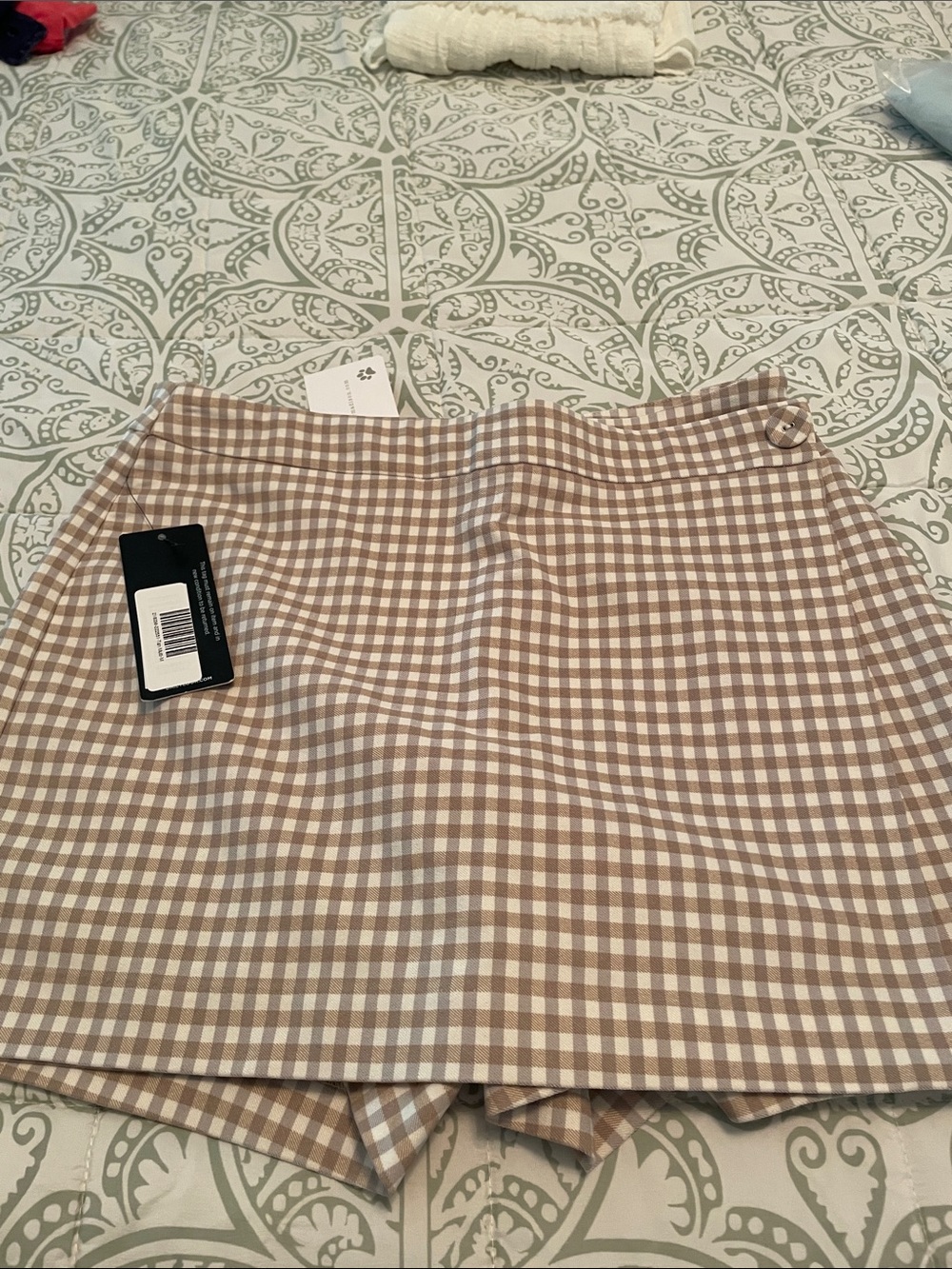Beige and White Gingham Mini Skirt
